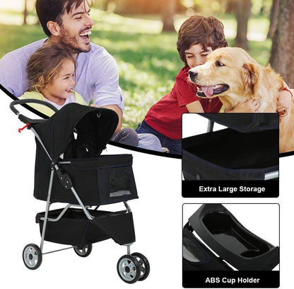 3 Wheels Pet Stroller Dog Cat Cage Jogger Stroller for Medium Small Dogs Cats Travel Folding Carrier Waterproof Puppy Stroller with Cup Holder & Removable Liner,Black