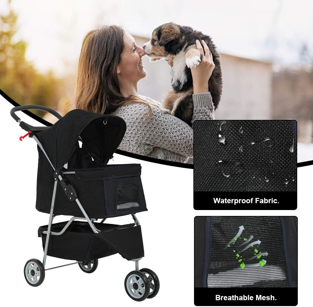 3 Wheels Pet Stroller Dog Cat Cage Jogger Stroller for Medium Small Dogs Cats Travel Folding Carrier Waterproof Puppy Stroller with Cup Holder & Removable Liner,Black