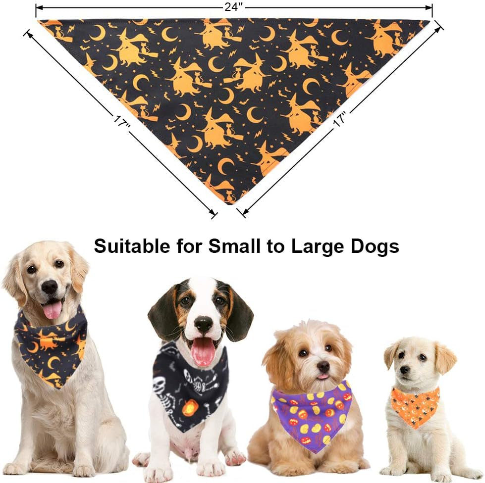 4PCS Halloween Dog Bandana Pet Halloween Bandana Pumpkin Ghost Witch Print Dog Puppy Halloween Bandana Pet Triangle Bibs Scarf Accessories for Dogs Cats Pets (Black&Orange&Purple)