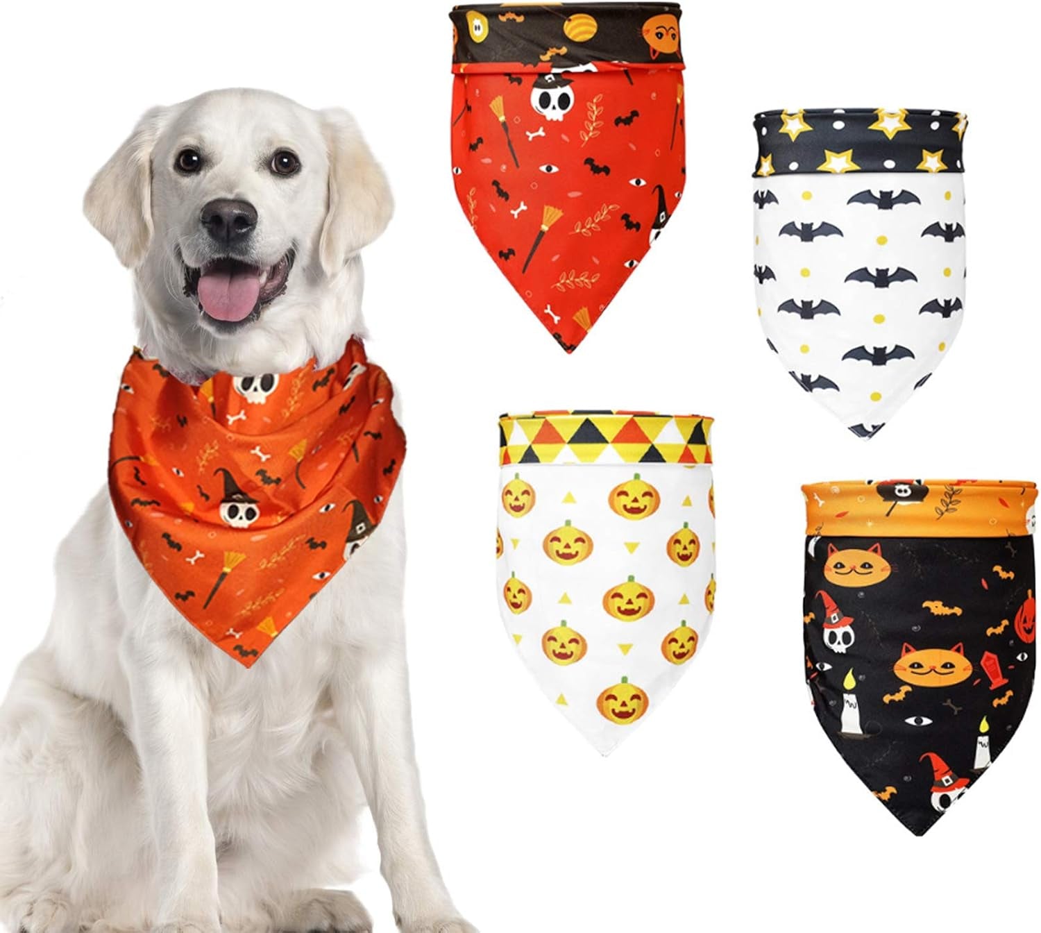 4 Pack Dog Halloween Bandanas, Washable Triangle Pet Scarfs, Breathable Adjustable Dog Neckerchief Bibs Accessories Kerchief Set for Small Large Cats Dogs Pets Holiday (4Packs Dog Bandanas,A)