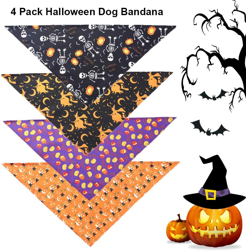 4PCS Halloween Dog Bandana Pet Halloween Bandana Pumpkin Ghost Witch Print Dog Puppy Halloween Bandana Pet Triangle Bibs Scarf Accessories for Dogs Cats Pets (Black&Orange&Purple)