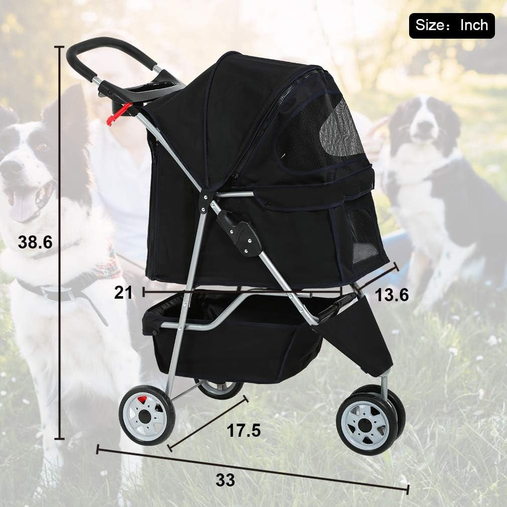 3 Wheels Pet Stroller Dog Cat Cage Jogger Stroller for Medium Small Dogs Cats Travel Folding Carrier Waterproof Puppy Stroller with Cup Holder & Removable Liner,Black