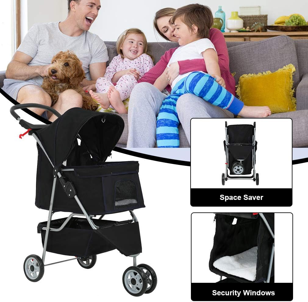 3 Wheels Pet Stroller Dog Cat Cage Jogger Stroller for Medium Small Dogs Cats Travel Folding Carrier Waterproof Puppy Stroller with Cup Holder & Removable Liner,Black